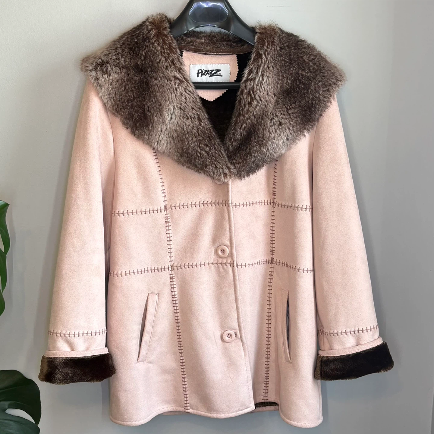 Pizazz Pink Faux Suede and Faux Fur Trim Button Up Coat Size L - photo 2