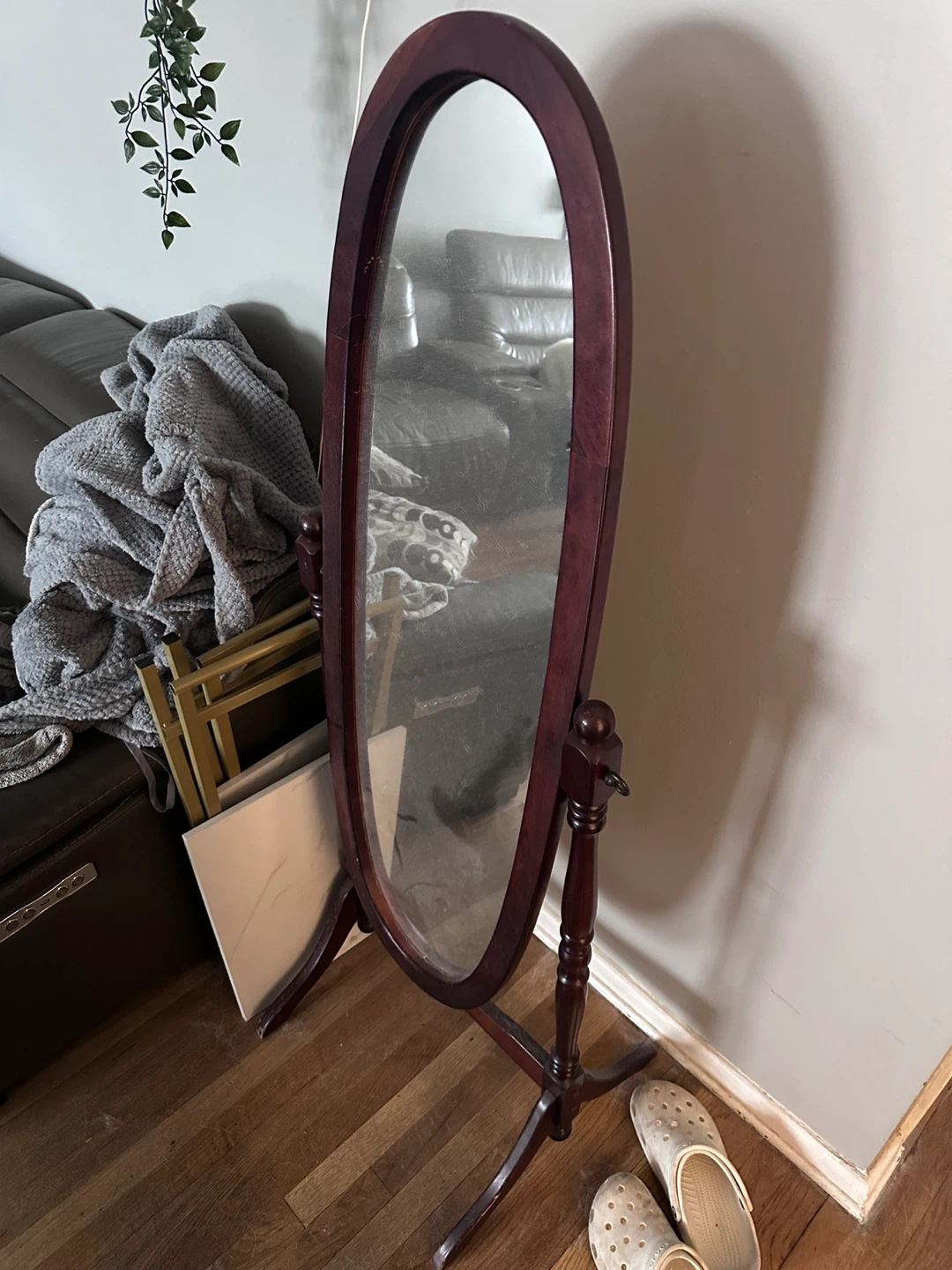 Oval Floor Mirror - Brown Wood Frame