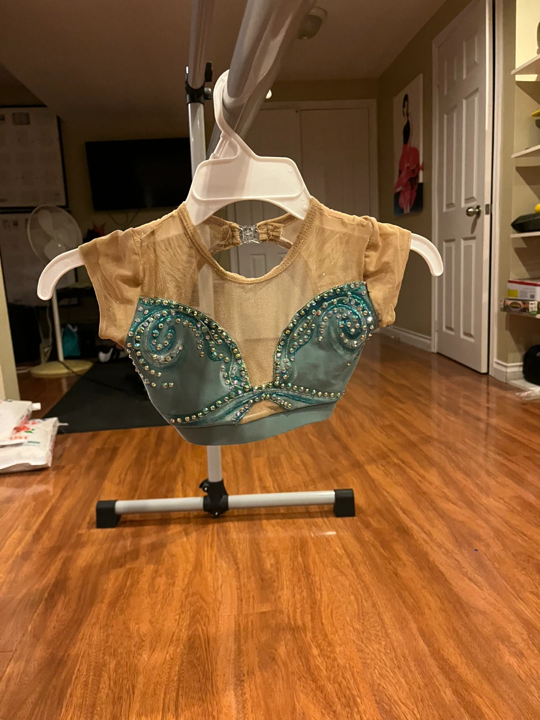 Muted blue two piece dance costume
