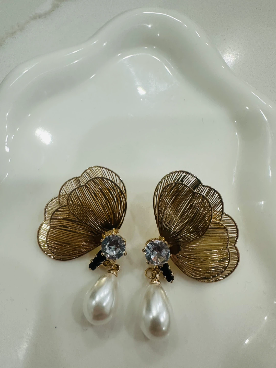 Gold Flower Earrings with Pearl Drop
