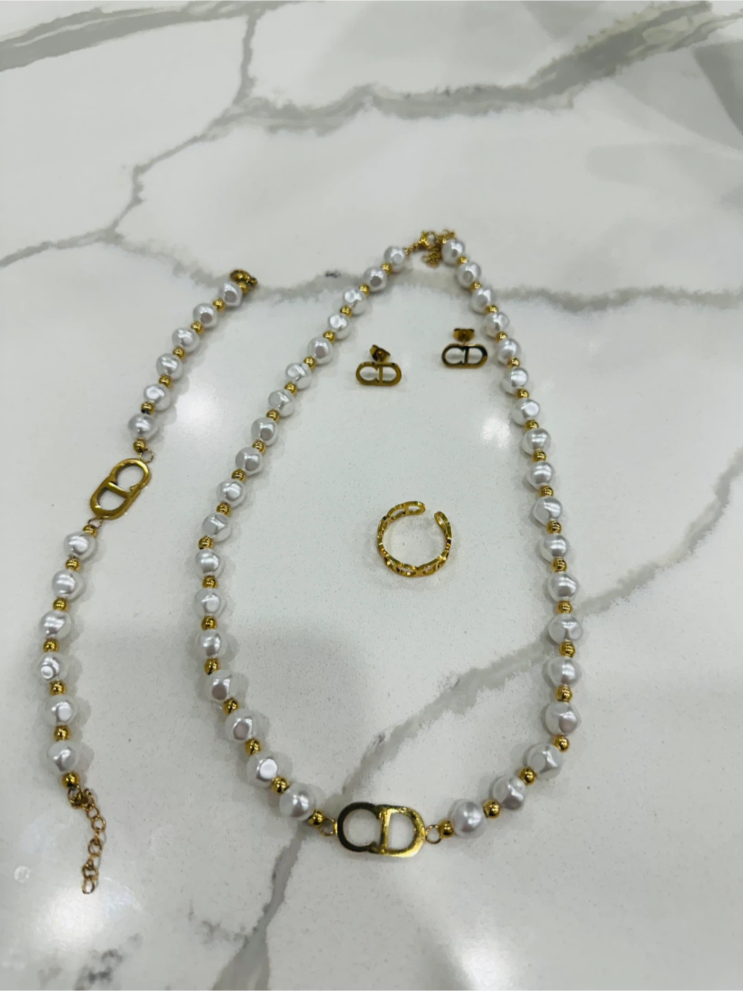 Dior Pearl Necklace, Earrings, and Ring Set