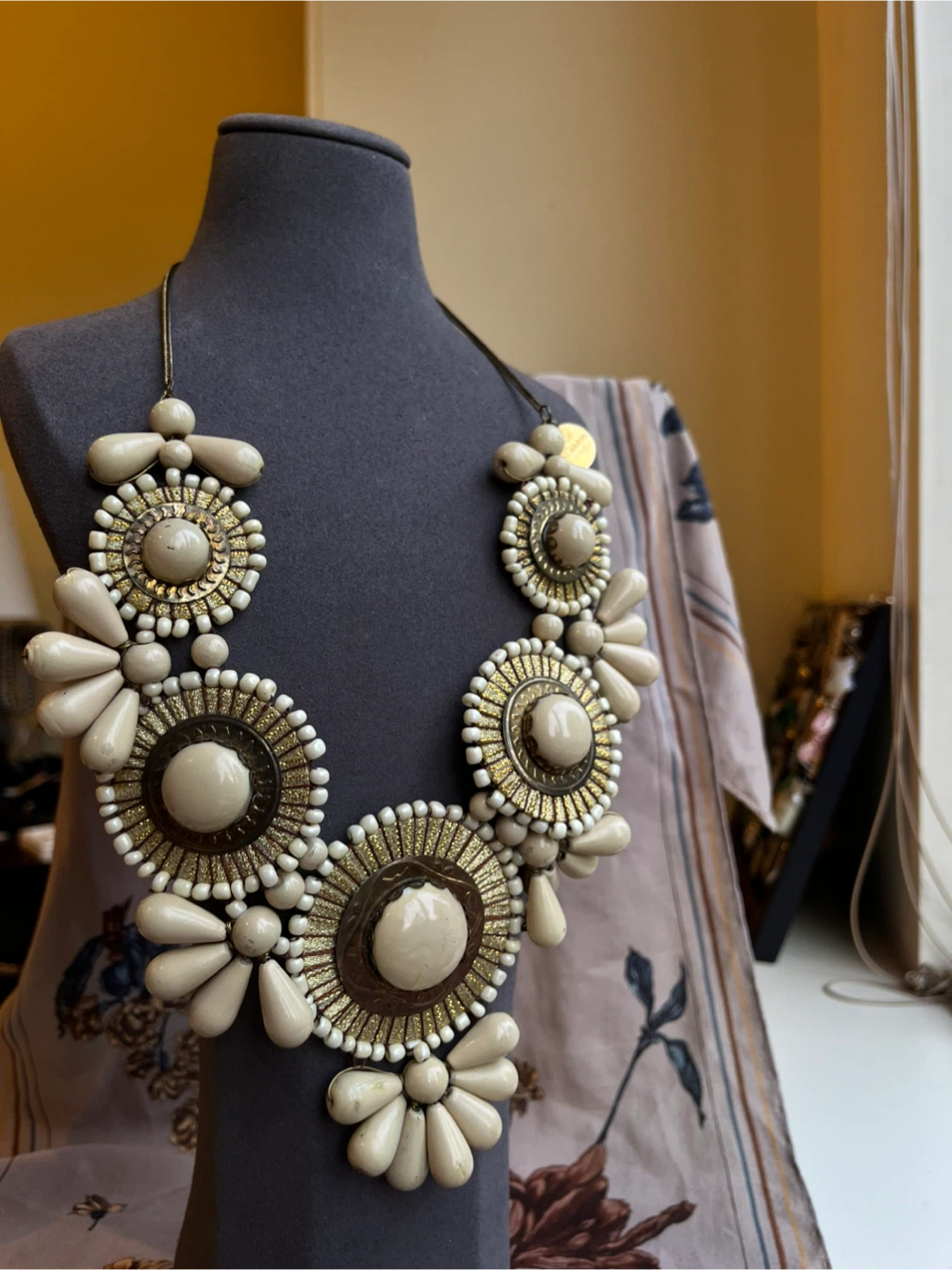Statement Necklace - Beige & Gold Boho Large Chunky