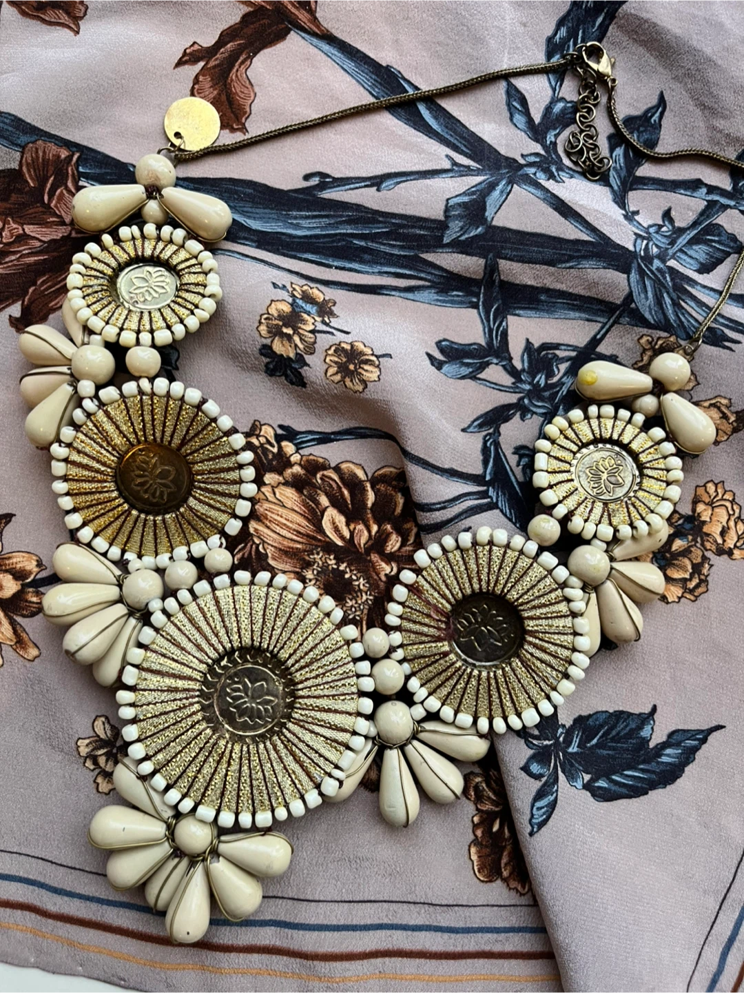 Statement Necklace - Beige & Gold Boho Large Chunky - photo 2