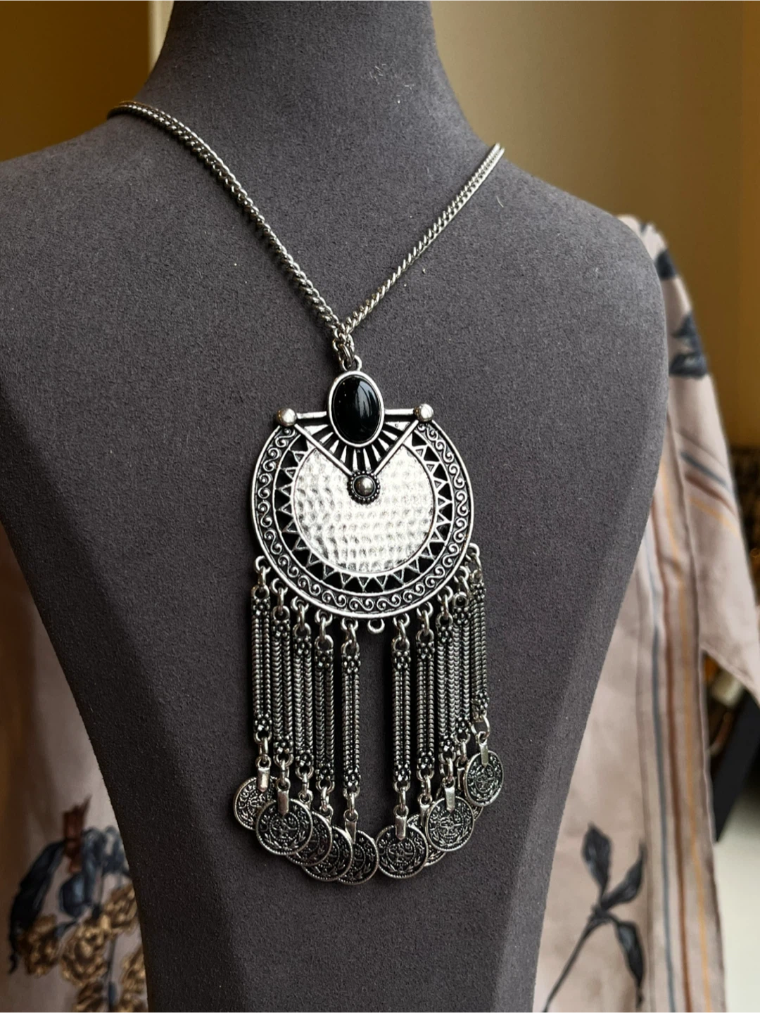 Silver Tone Tribal Coin Statement Necklace