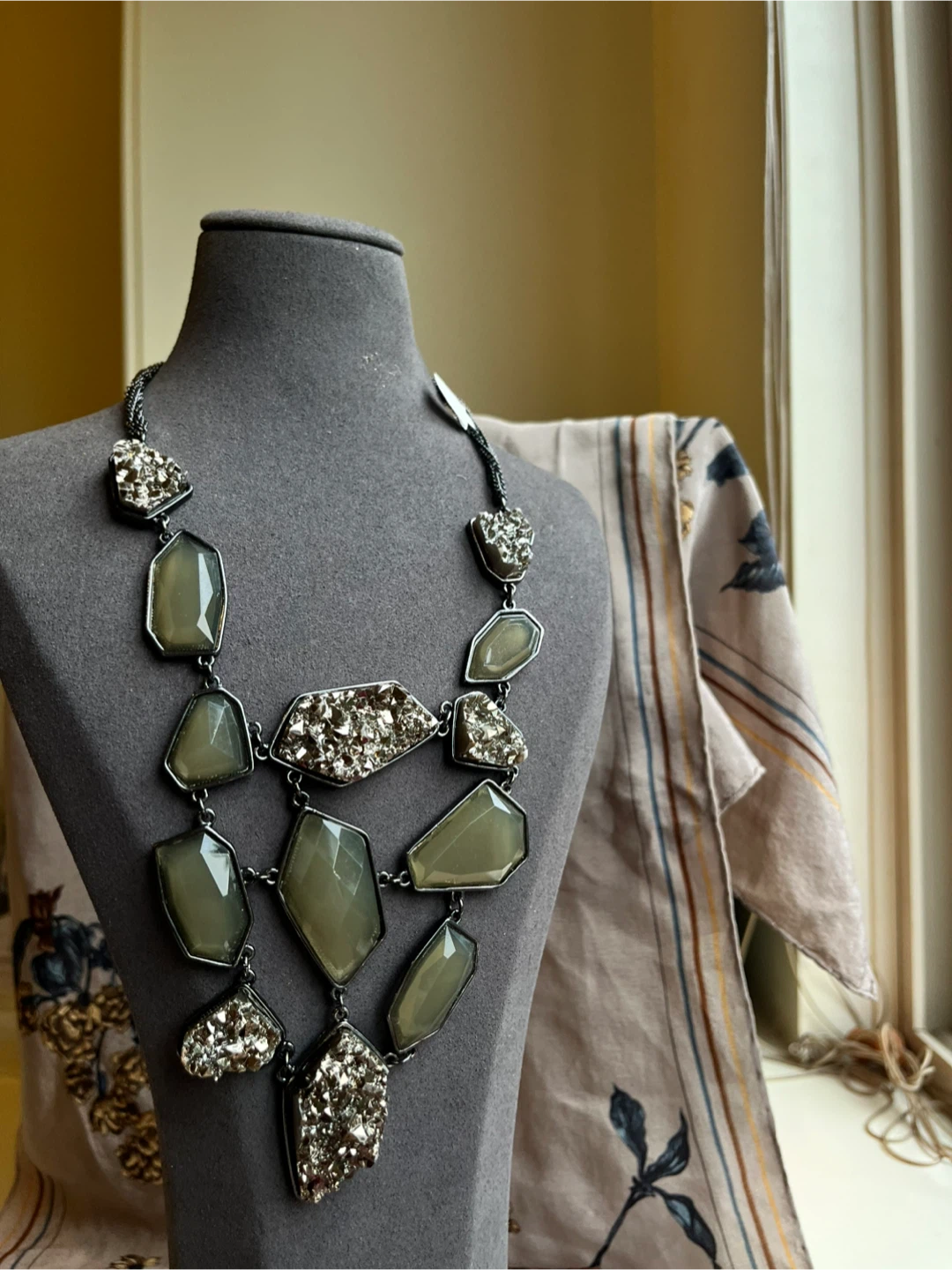 Statement Necklace - Sage Green & Silver