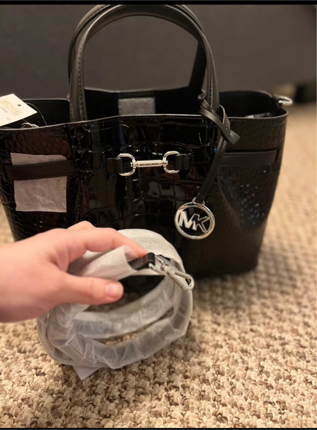 Michael Kors Carson Black Croc Embossed Satchel
