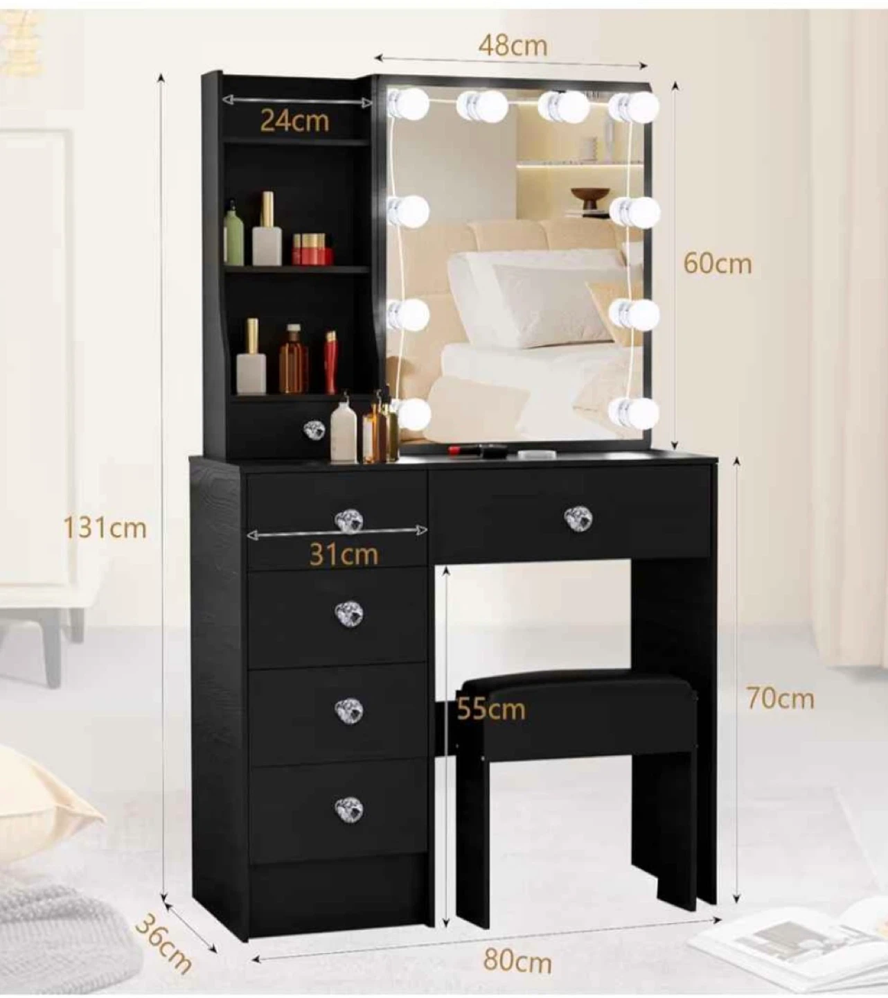 Black Vanity Makeup Table Set with Lighted Mirror - Black