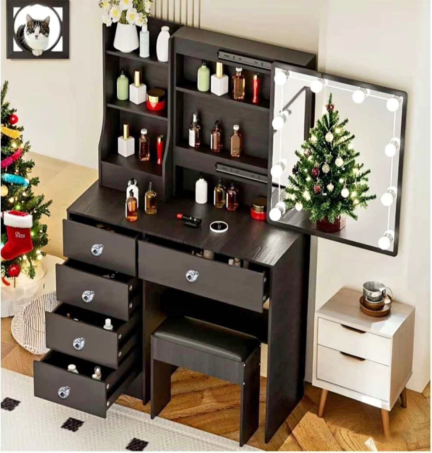 Black Vanity Makeup Table Set with Lighted Mirror - Black - photo 2
