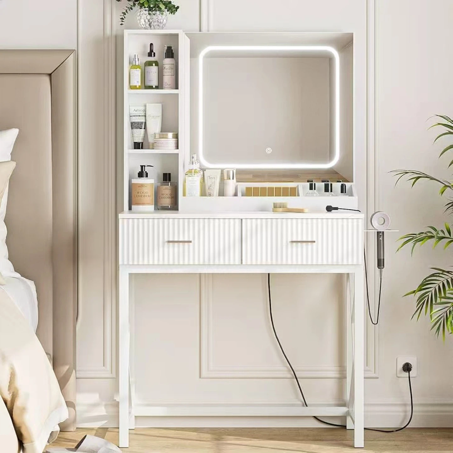 White Vanity Makeup Table with Lighted Mirror