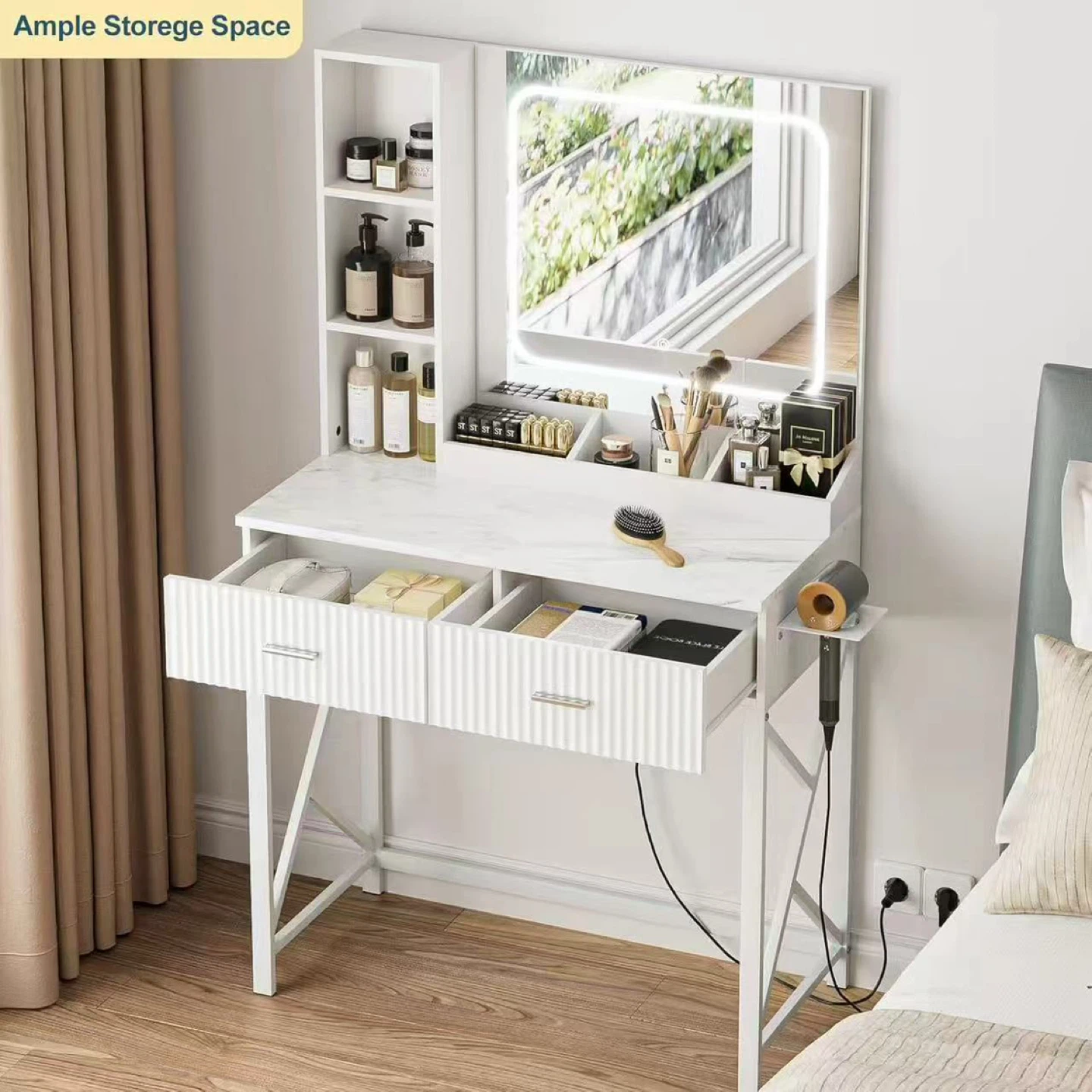 White Vanity Makeup Table with Lighted Mirror - photo 2