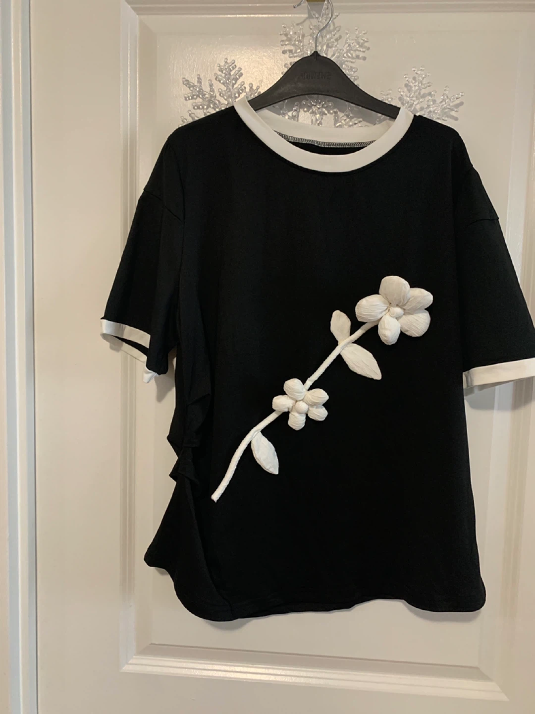 Black T-Shirt with White Flower