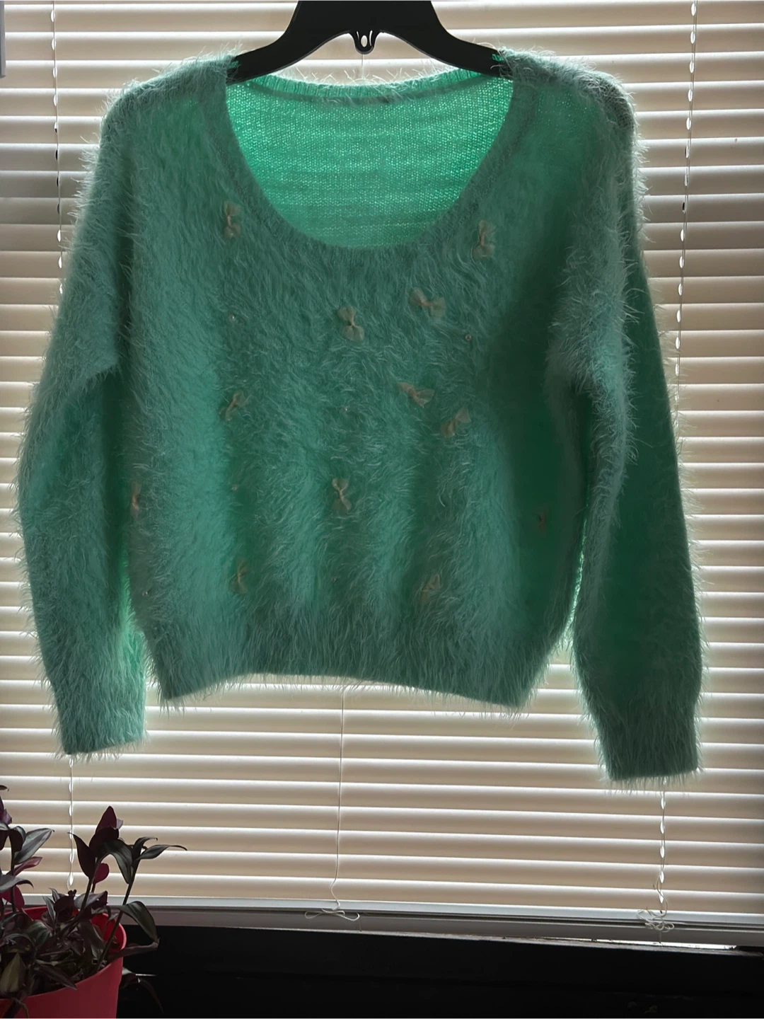 Cute Fuzzy Knit Sweater - Mint Green