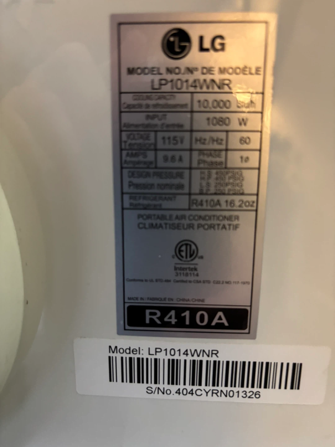 LG Portable Air Conditioner LP1014WNR - photo 4