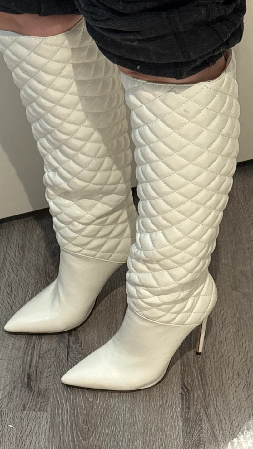 White Quilted Knee-High Stiletto Boots - photo 3