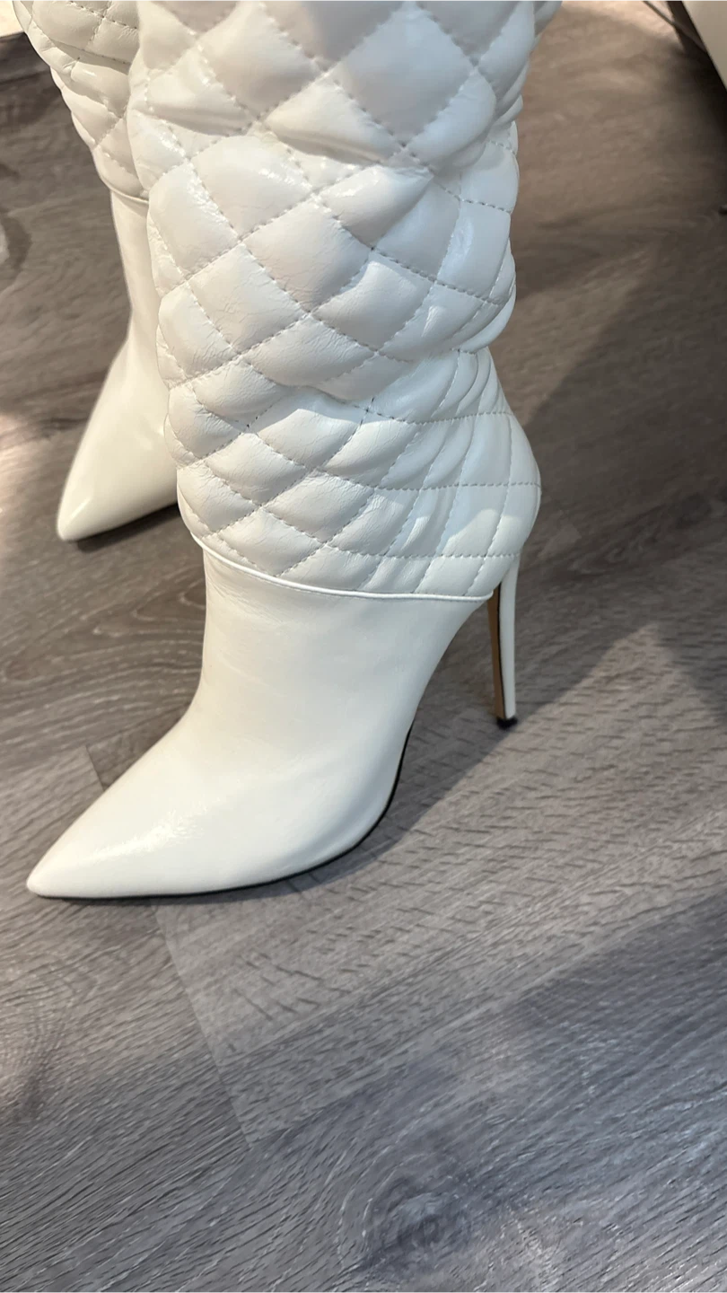 White Quilted Knee-High Stiletto Boots