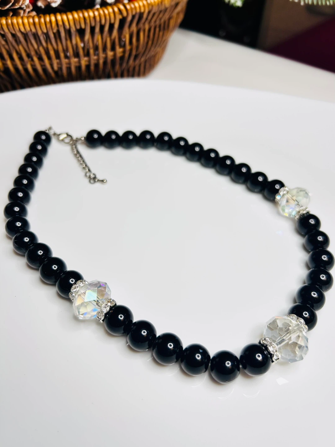 Black Beaded Necklace with Crystal Accents