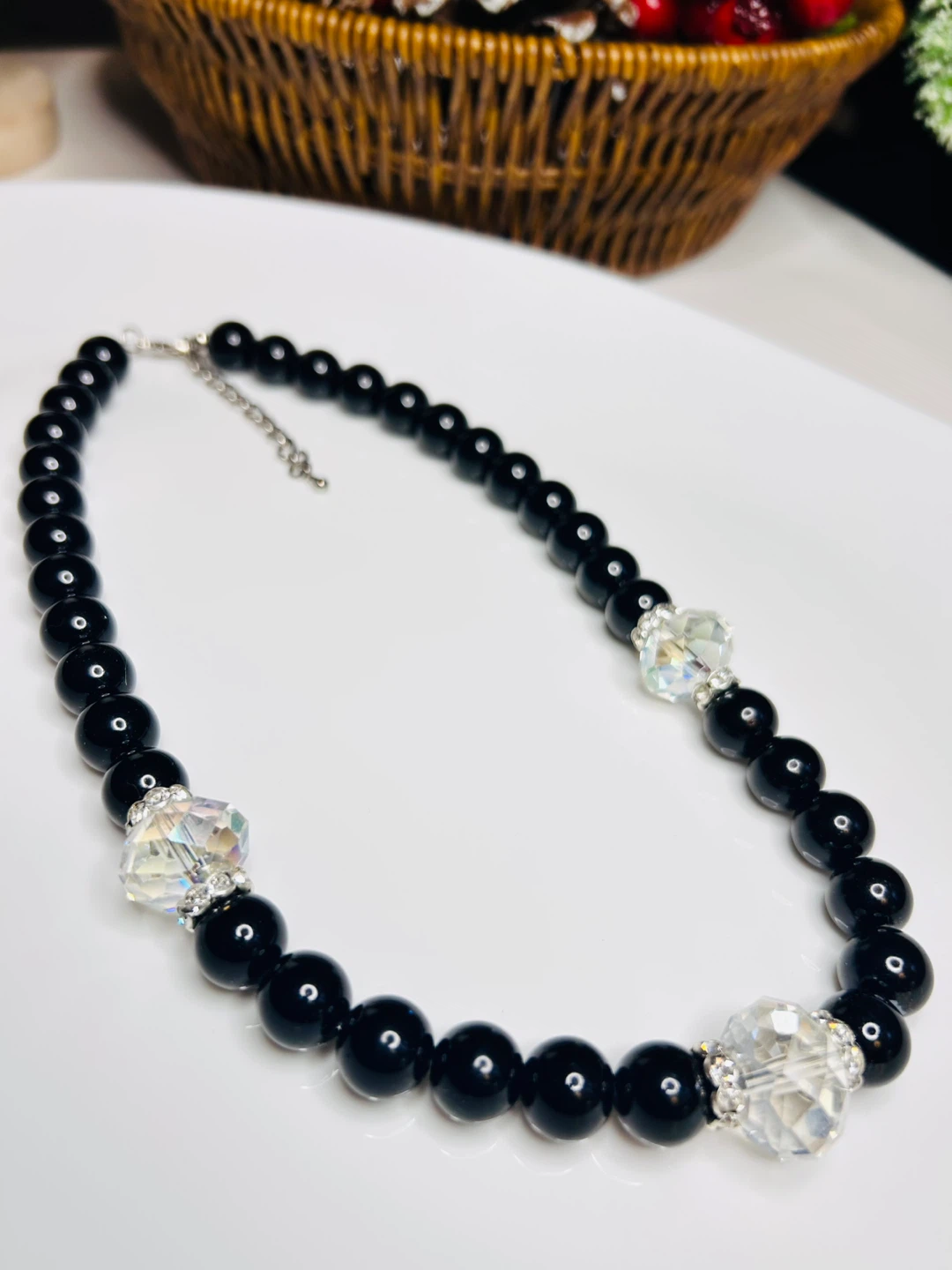 Black Beaded Necklace with Crystal Accents - photo 2