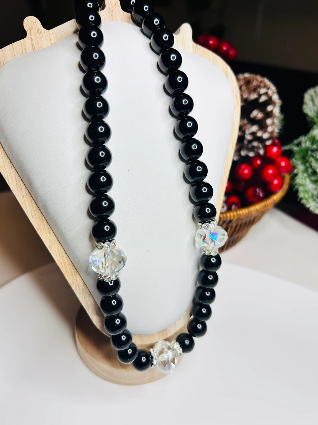 Black Beaded Necklace with Crystal Accents - photo 3