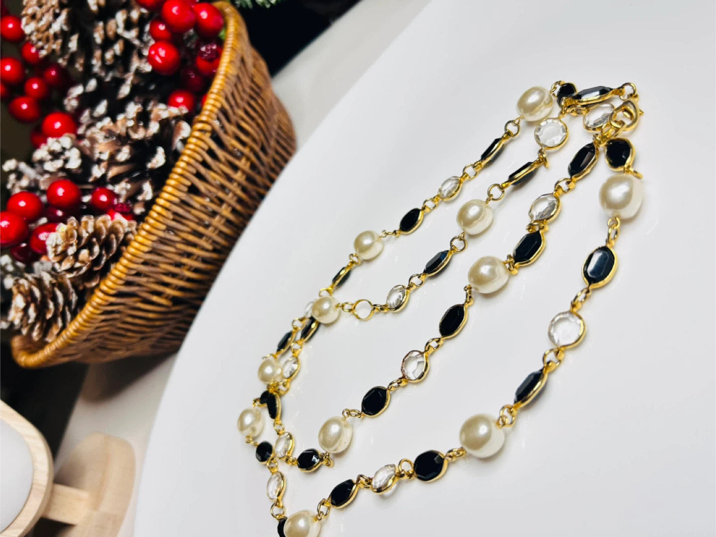 Beaded Necklace - Pearl, Black, & Crystal - photo 2