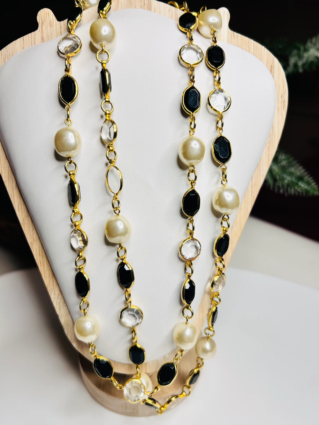 Beaded Necklace - Pearl, Black, & Crystal