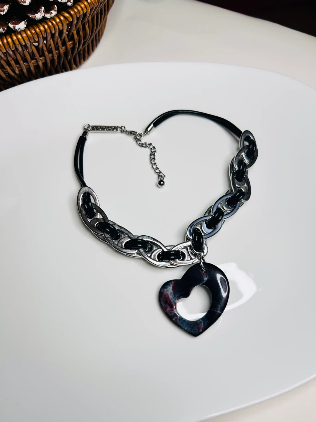 Chunky Silver & Black Heart Pendant Necklace