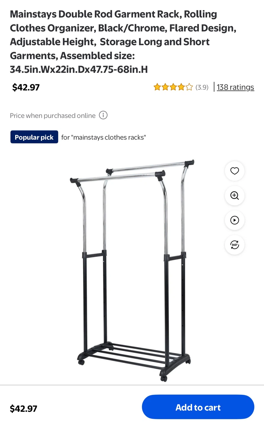Mainstays Double Rod Garment Rack - Black/Chrome