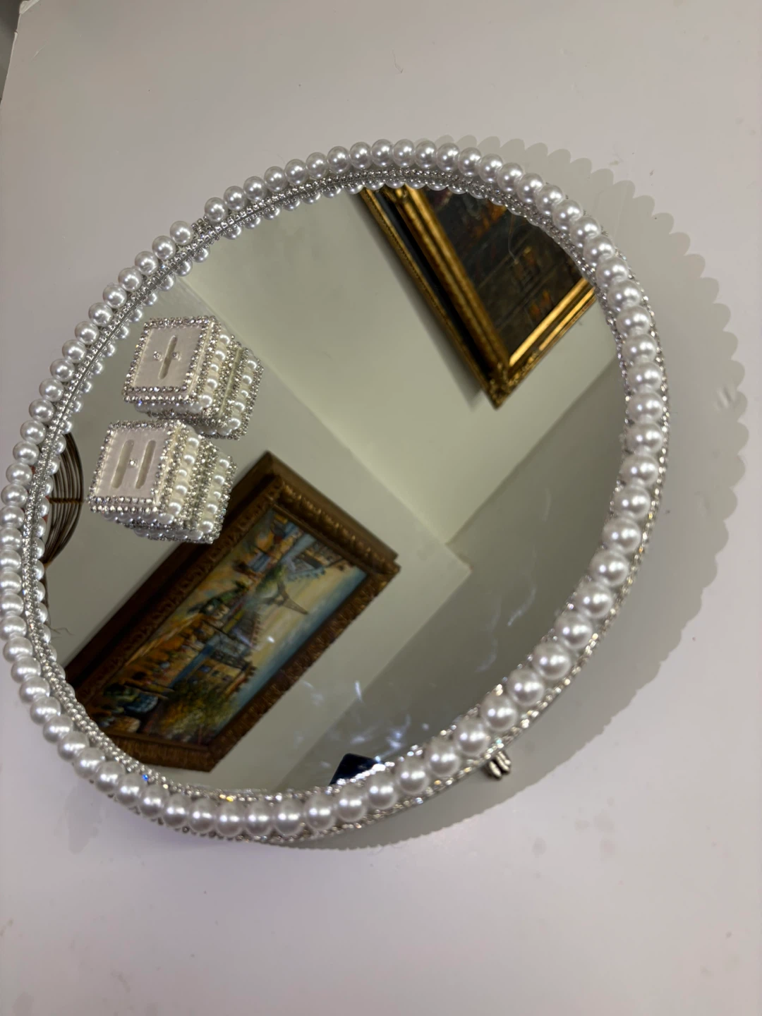 Round Mirror Tray with Faux Pearls & silver rhinestone Border - photo 3