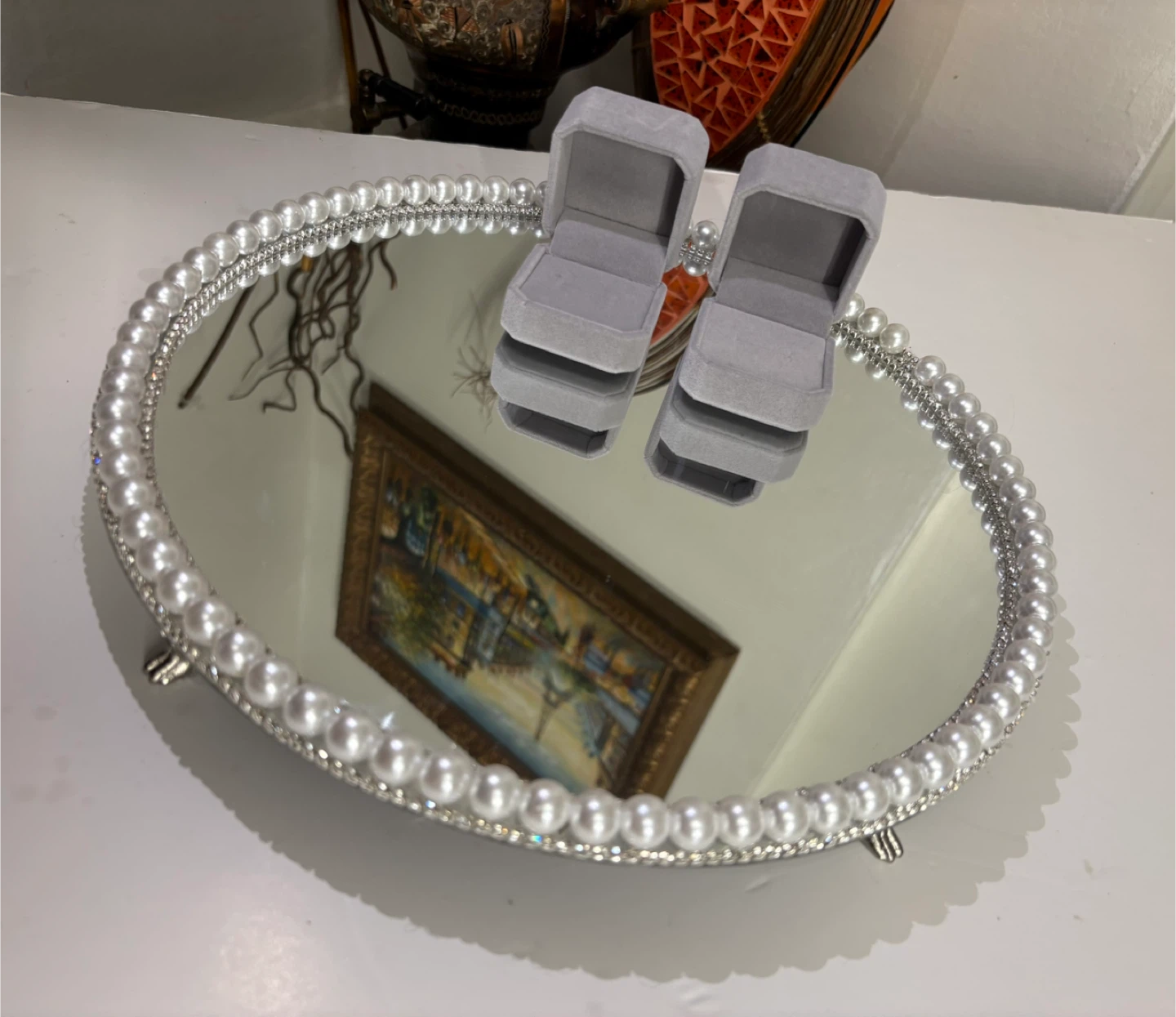 Round Mirror Tray with Faux Pearls & silver rhinestone Border