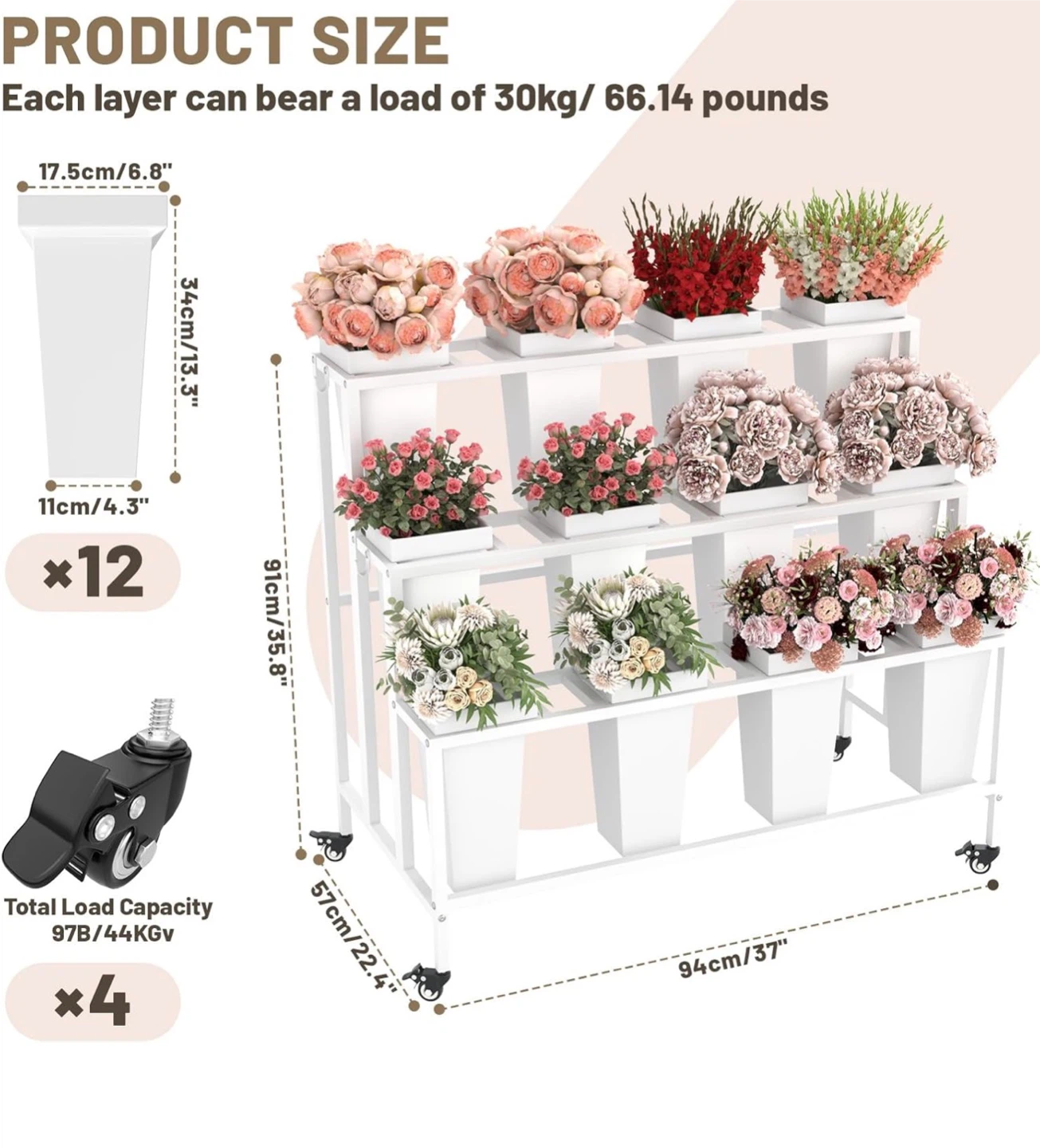 Flower Display Stand - 3 Tier White Rolling Cart - photo 2