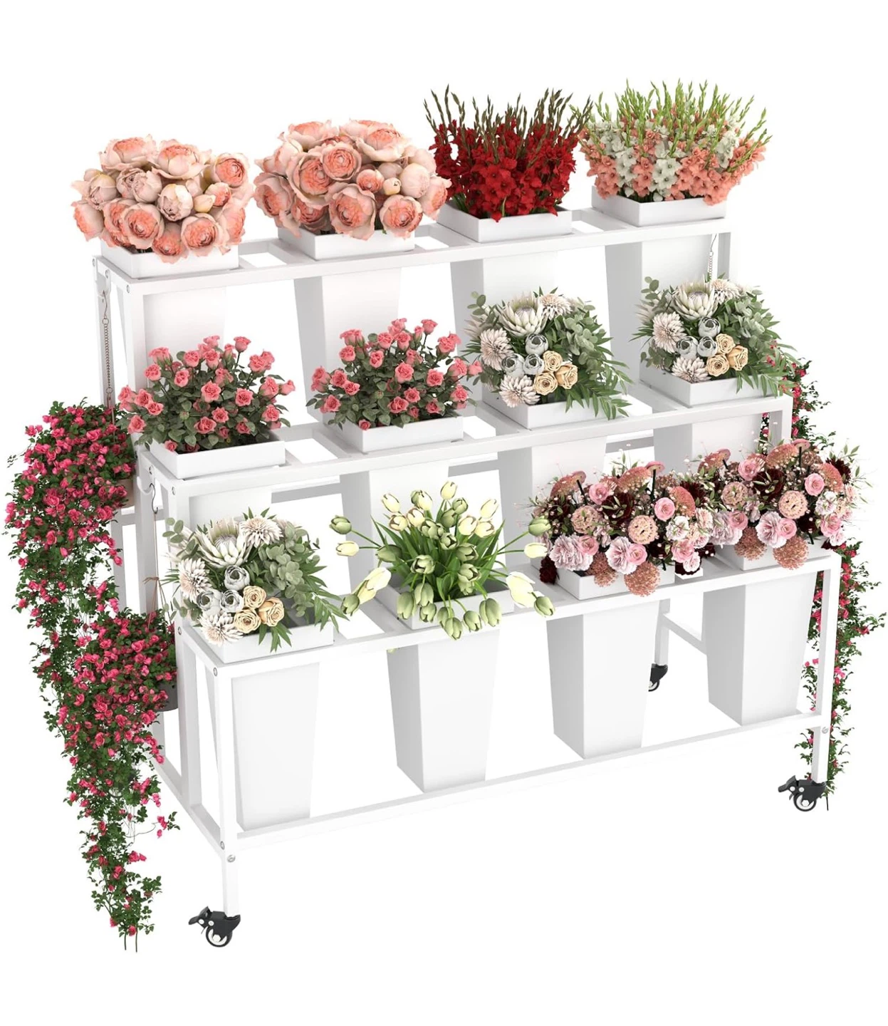 Flower Display Stand - 3 Tier White Rolling Cart