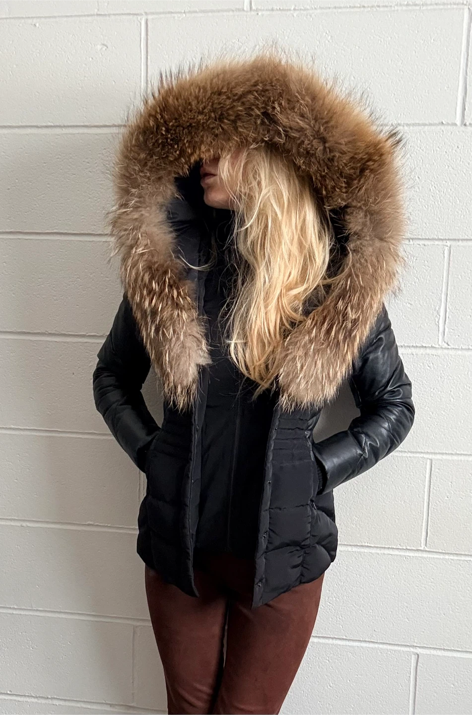 Danier  Black Leather & Fur Trimmed Down-Filled Winter Coat