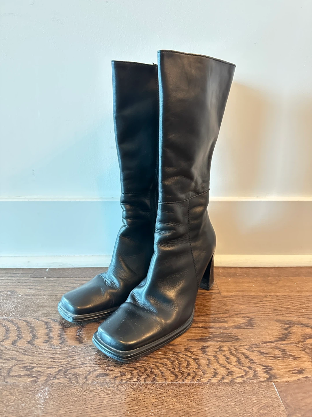 Black Leather High Heel Boots - size 37