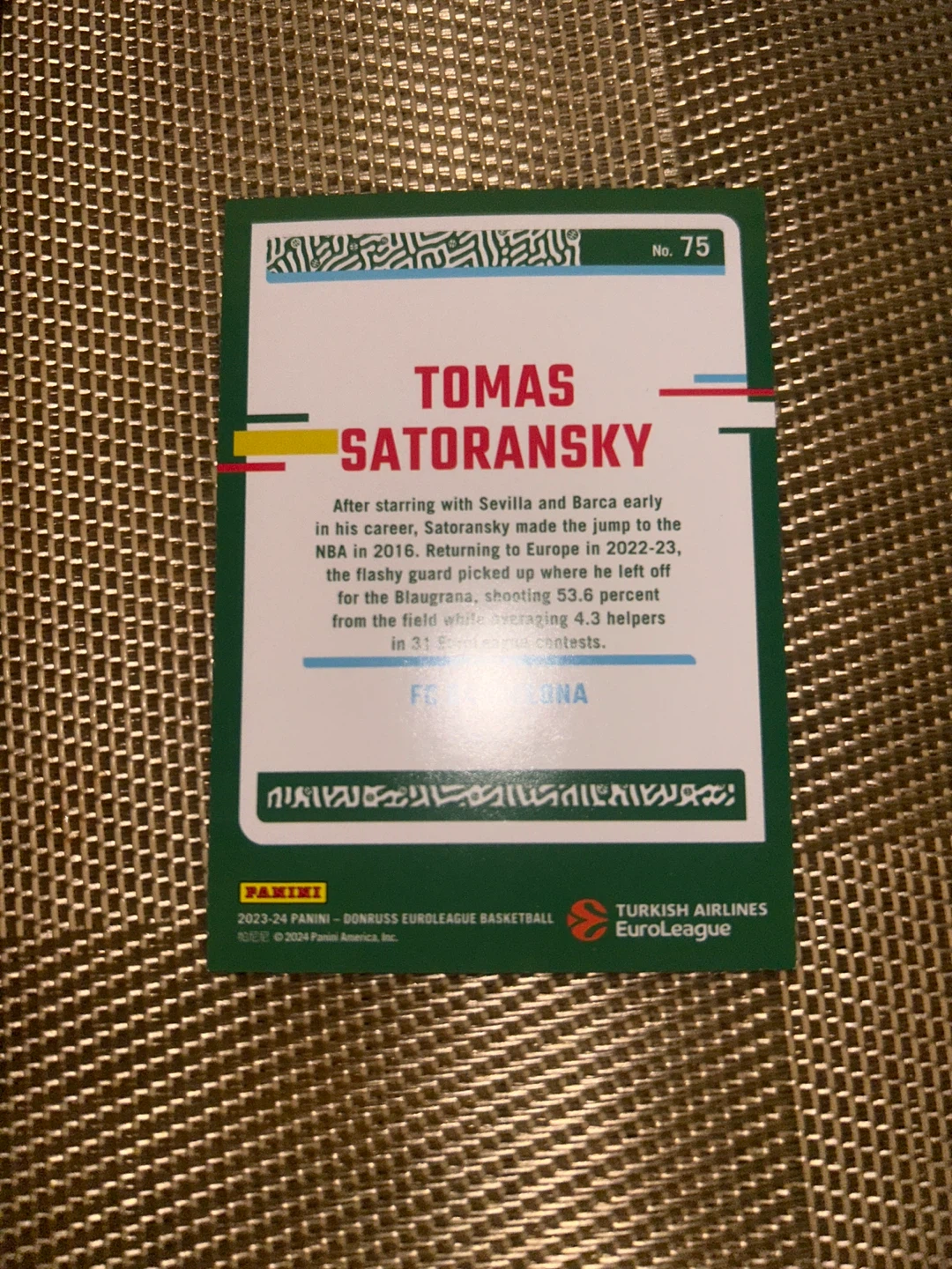 Tomas Satoransky Donruss Euroleague Basketball Card - photo 2