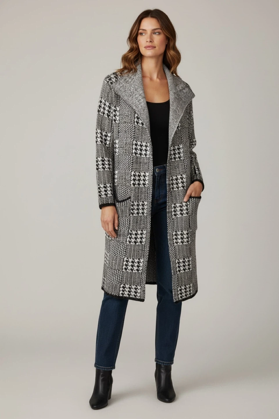 Houndstooth Print Long Cardigan