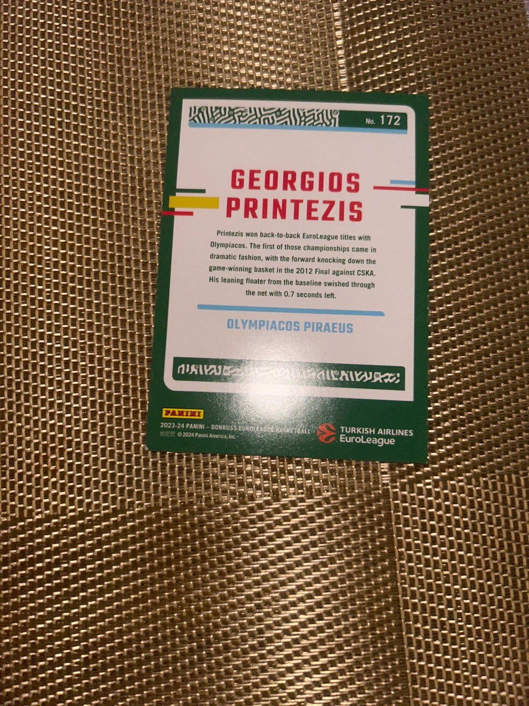 Georgios Printezis Panini EuroLeague Basketball Card - photo 2