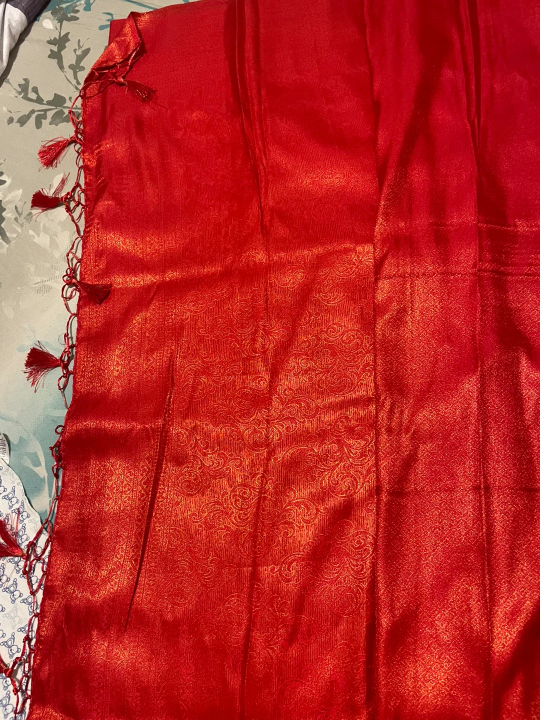 Red Silk Saree with Tassels - photo 2