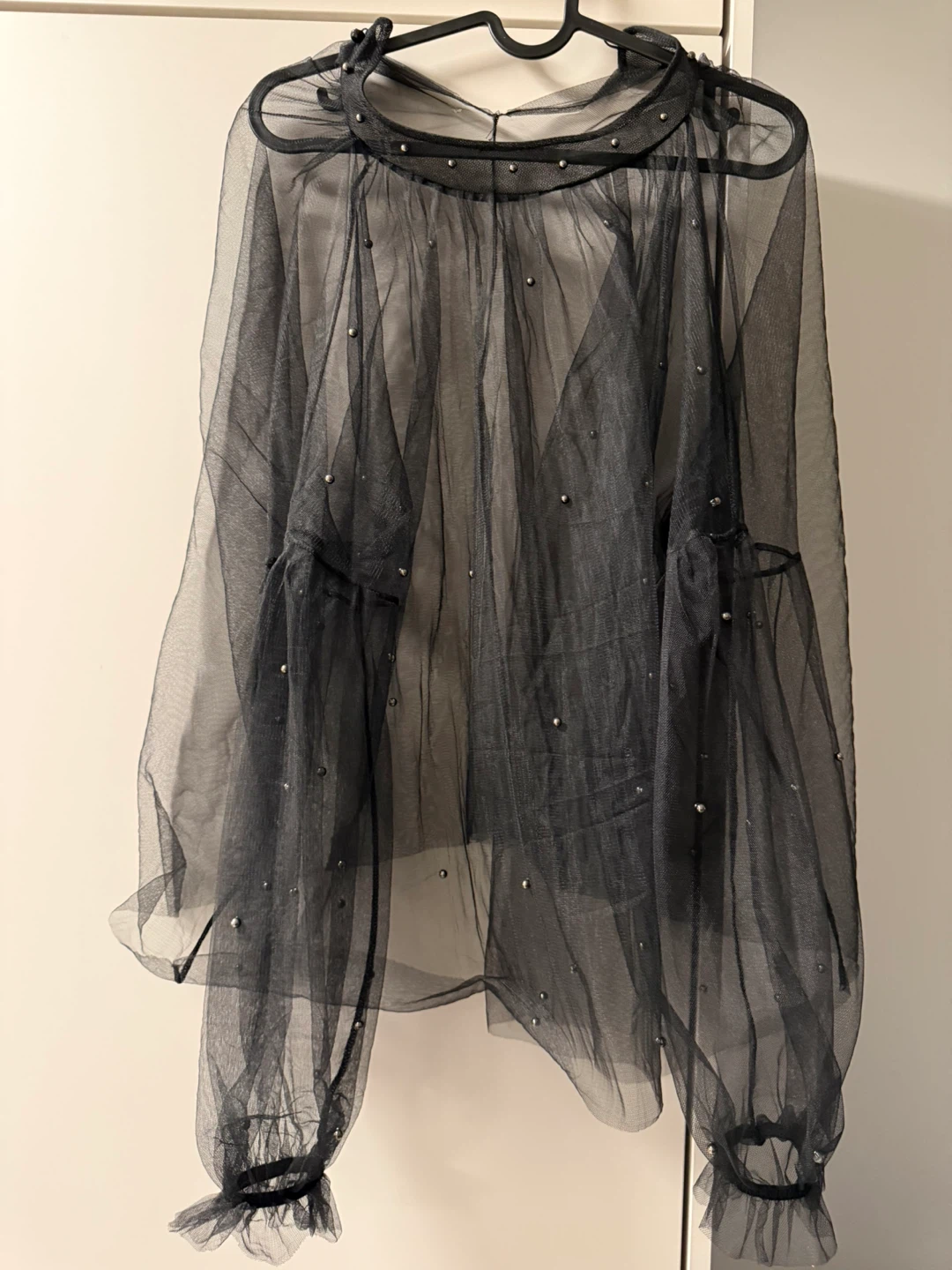 Black Sheer Blouse with Pearl Details