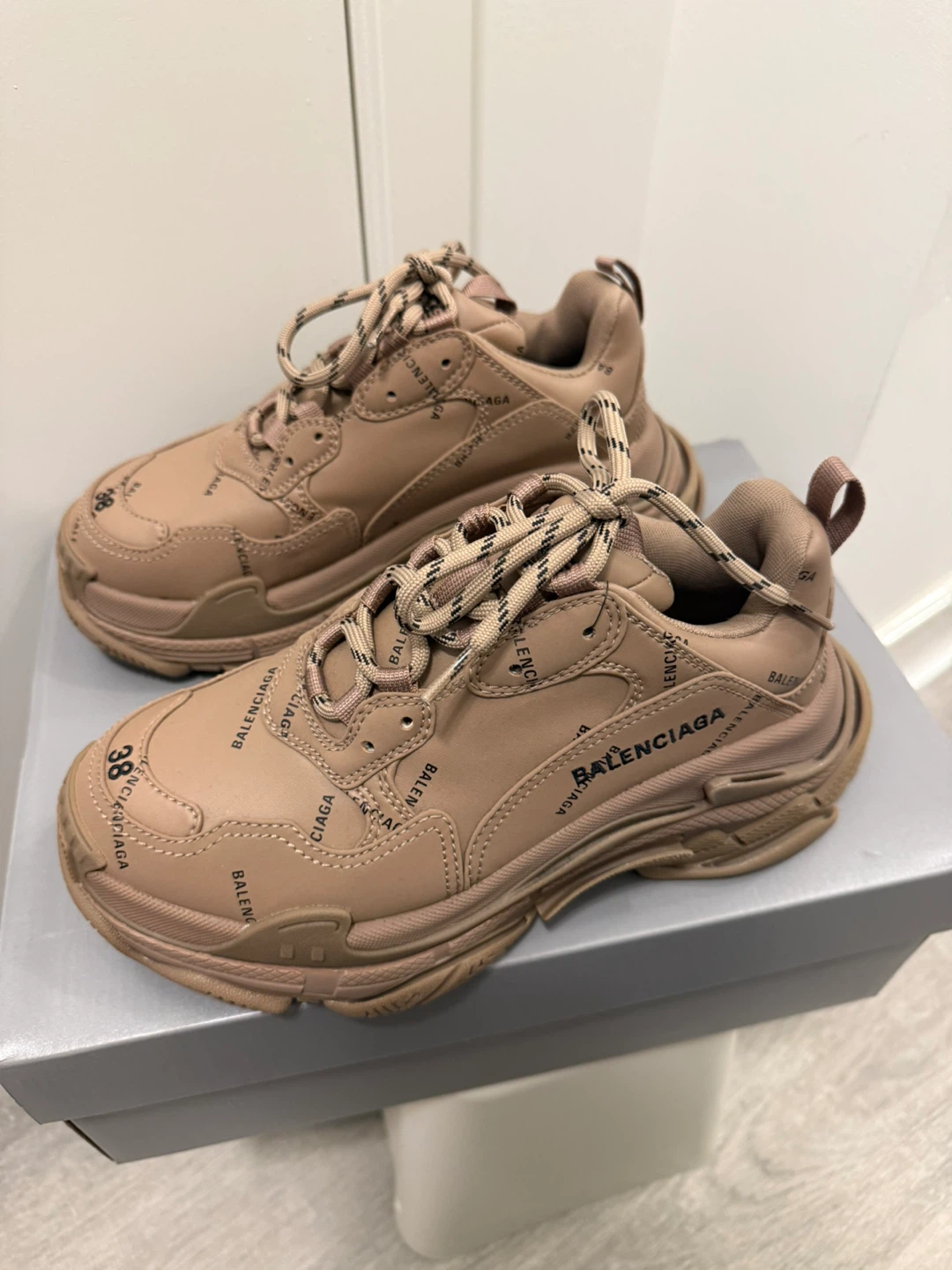 Balenciaga Triple S Beige All Over Logo Sneakers - Size 38