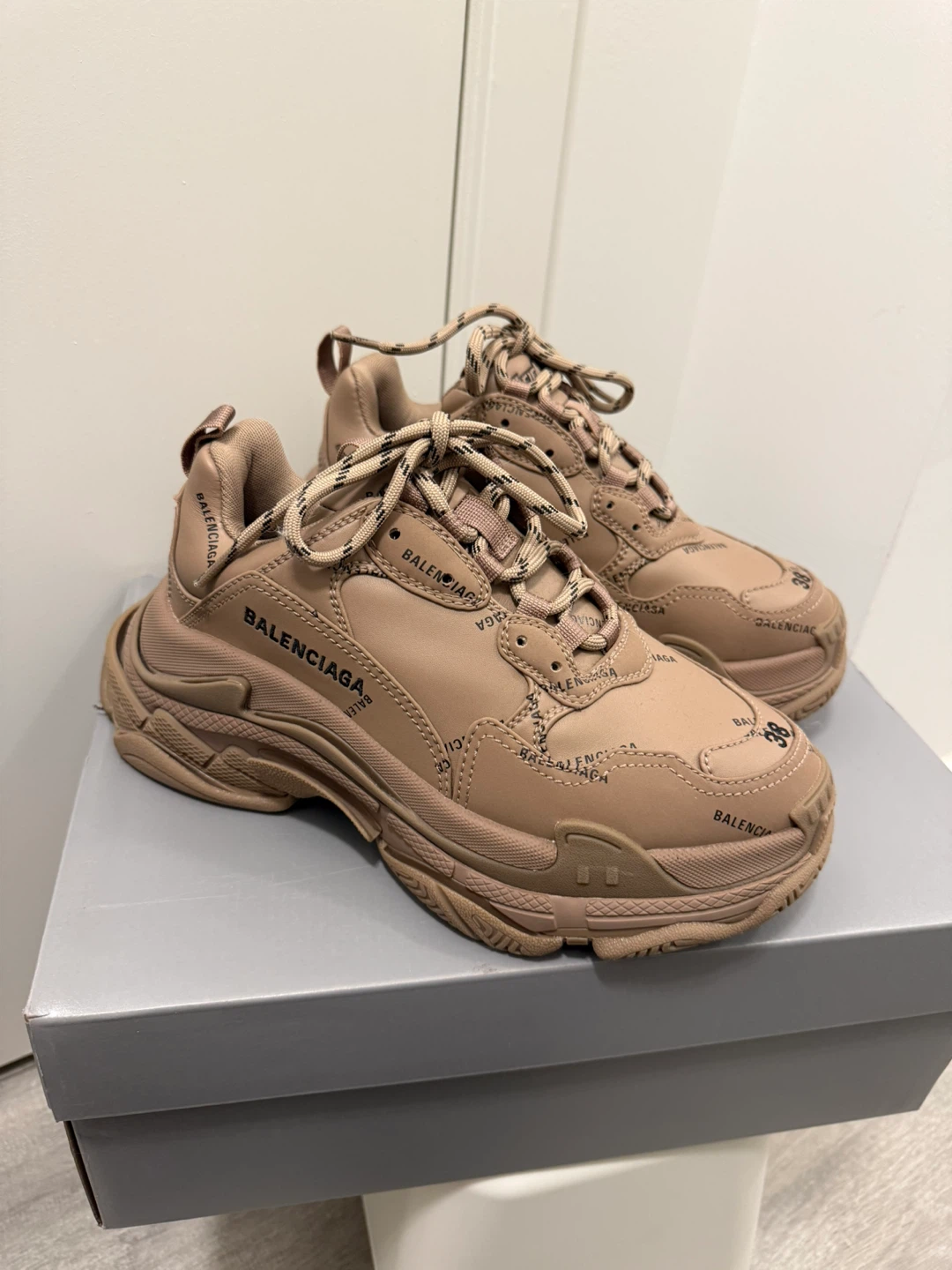 Balenciaga Triple S Beige All Over Logo Sneakers - Size 38 - photo 3