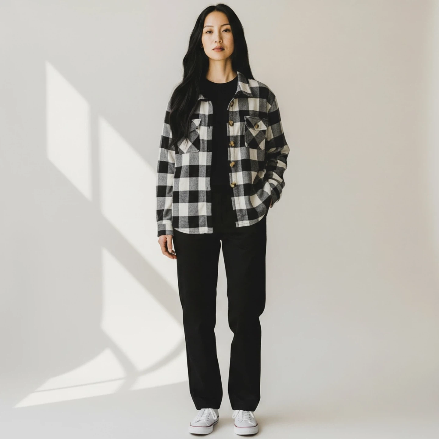 Flannel Shirt - Black and White Plaid