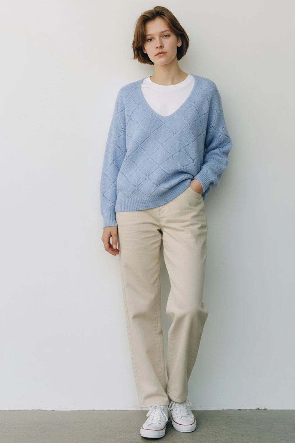 Light Blue V-Neck Knit Sweater