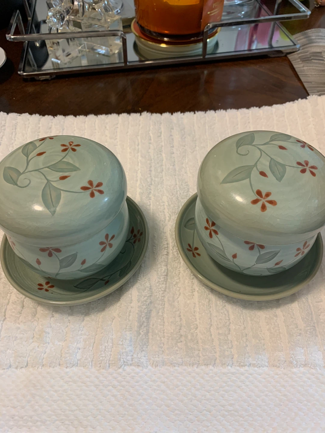 2 Ceramic Soup Bowls with Lids & Saucers
