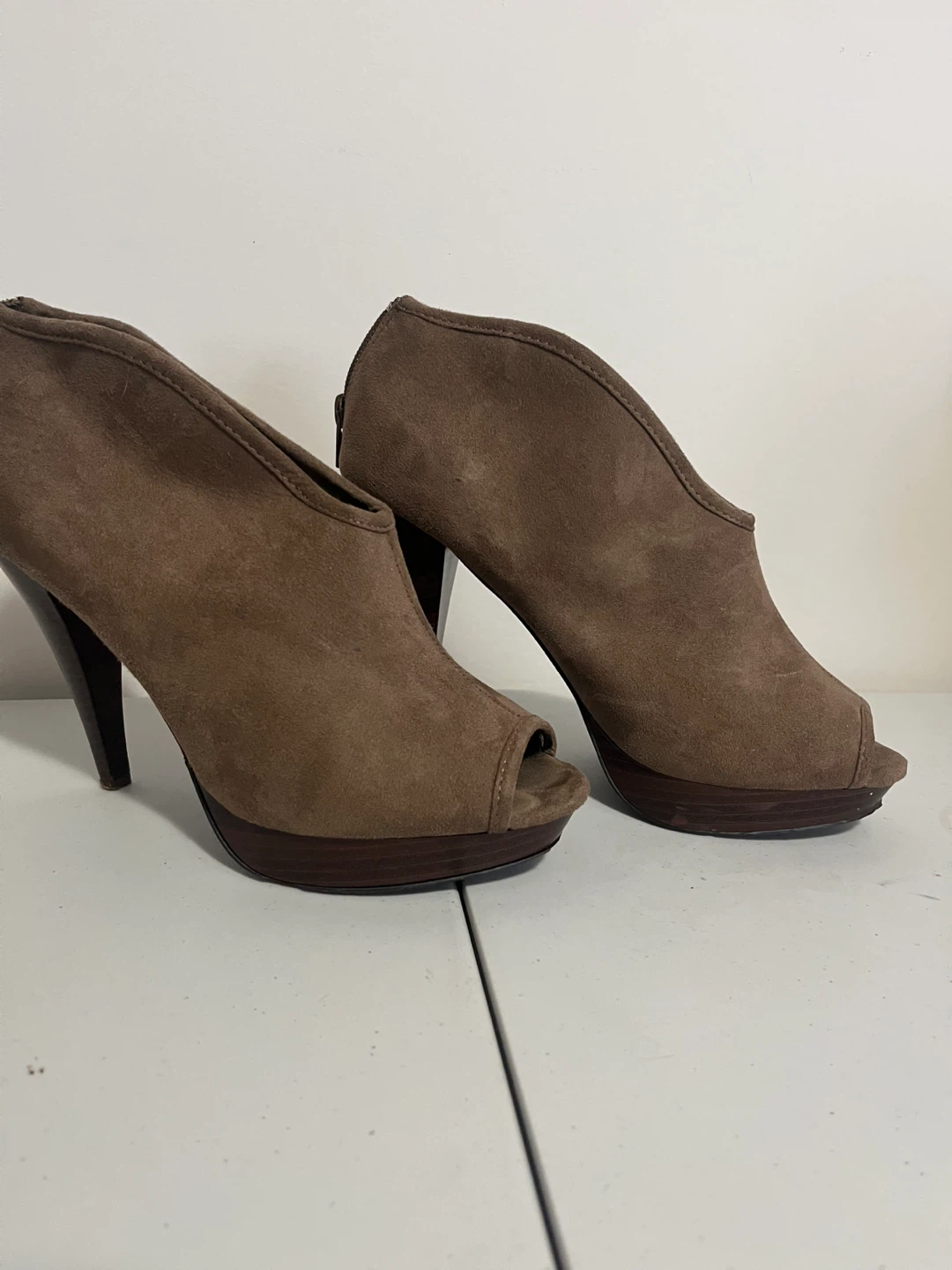 Brown Suede Open Toe Heels, Size 8
