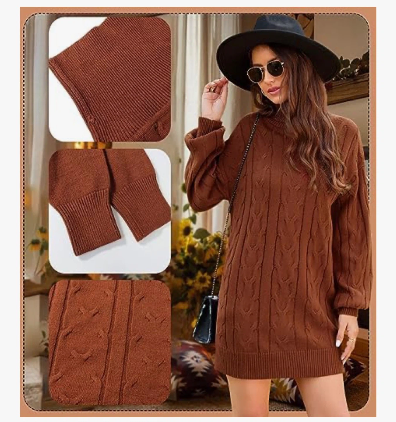 NEW! FARORO Brown Cable Knit Turtleneck Sweater Dress - photo 5