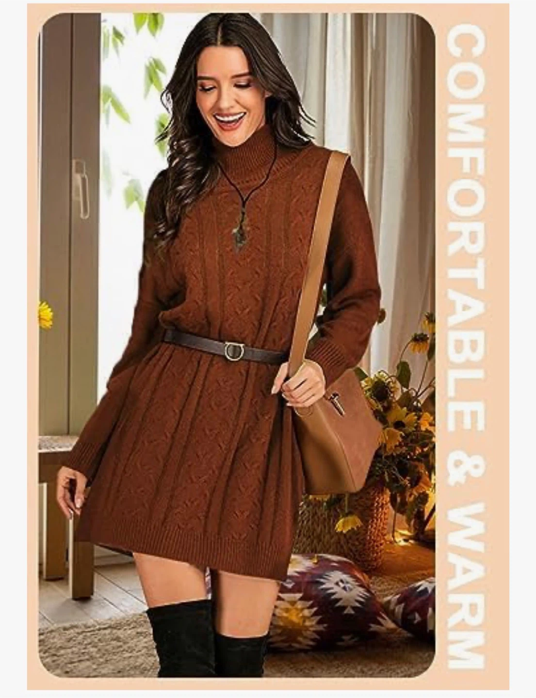 NEW! FARORO Brown Cable Knit Turtleneck Sweater Dress - photo 4