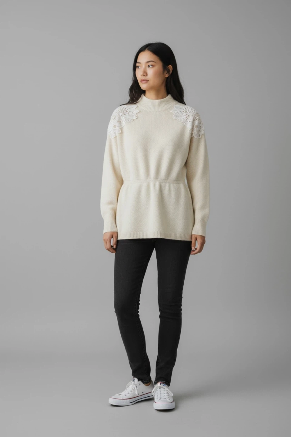Cream-coloured Sweater with Lace Detail