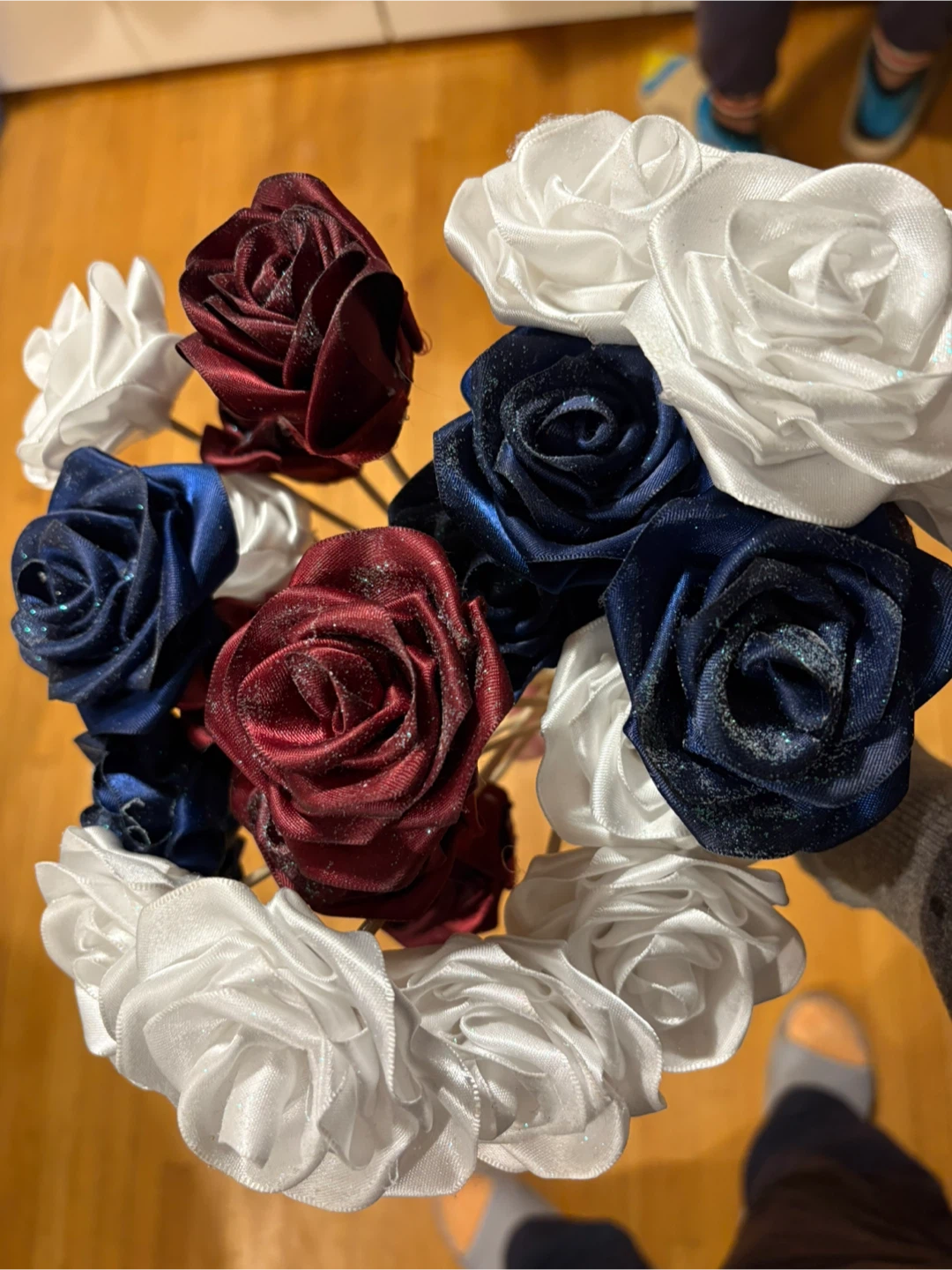 Handmade Satin Rose Bouquet - Red, White & Blue