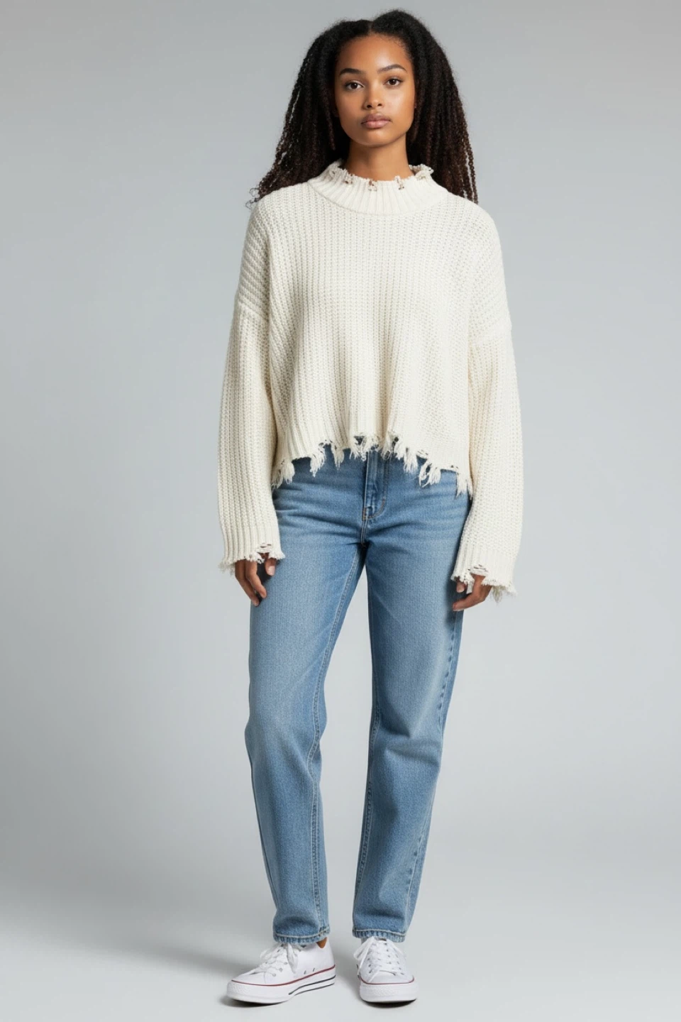Cream Coloured Distressed Hem Sweater
