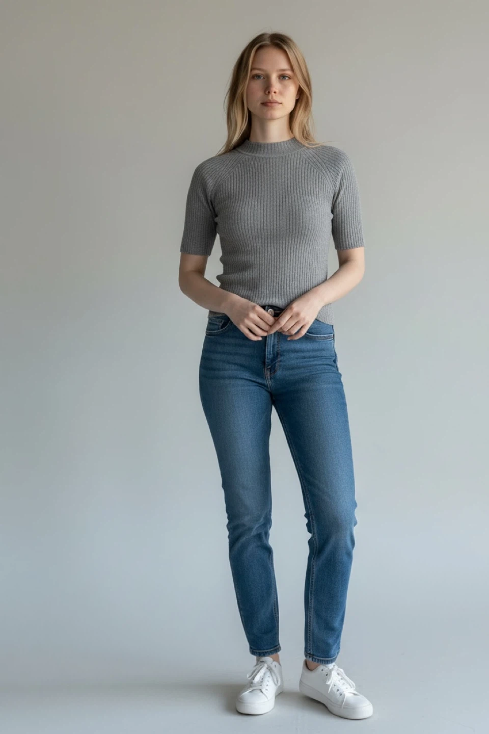 Grey Ribbed Knit Short Sleeve Top