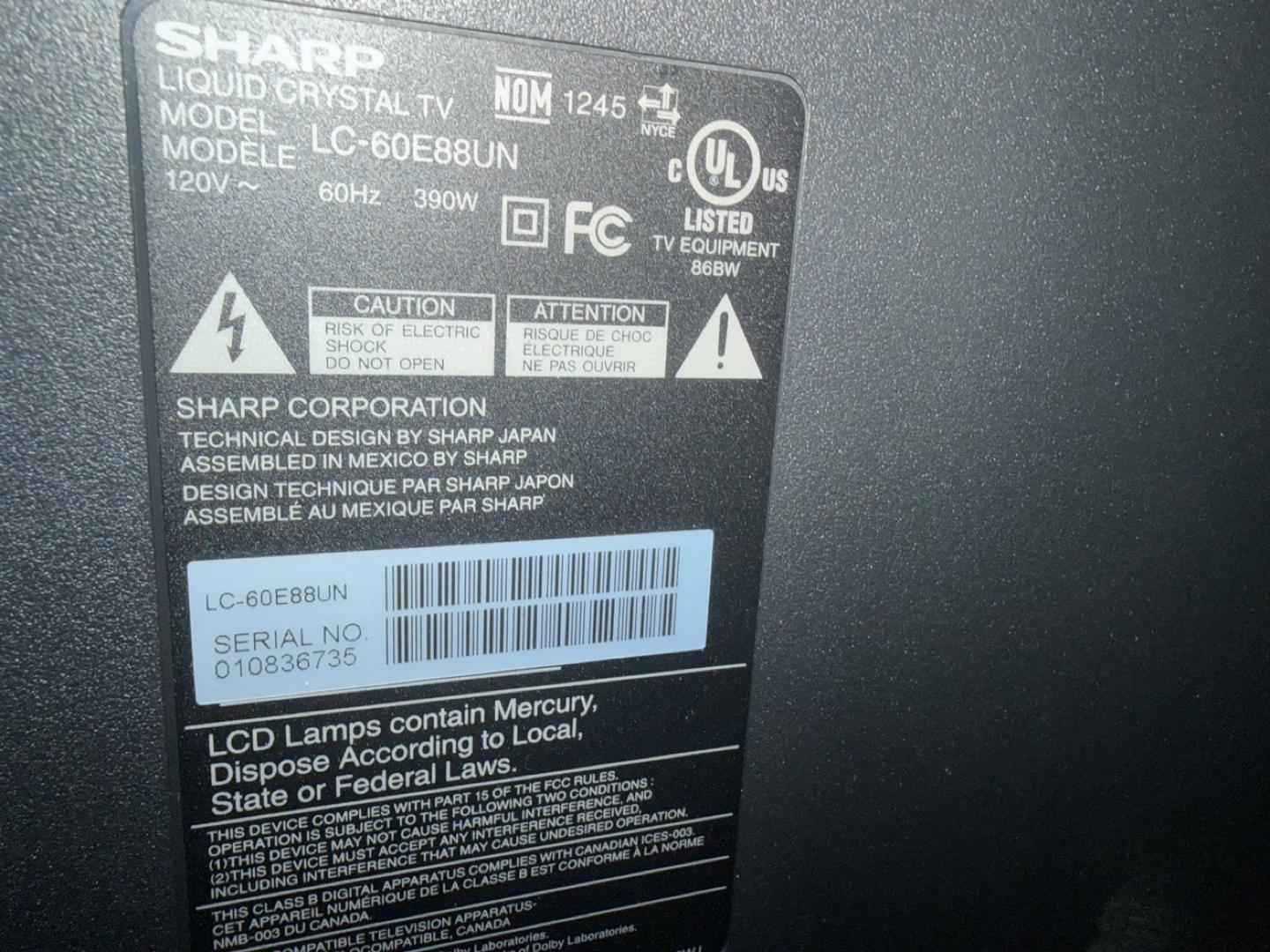 Sharp Aquos LC-60E88UN 60" LCD TV - photo 2